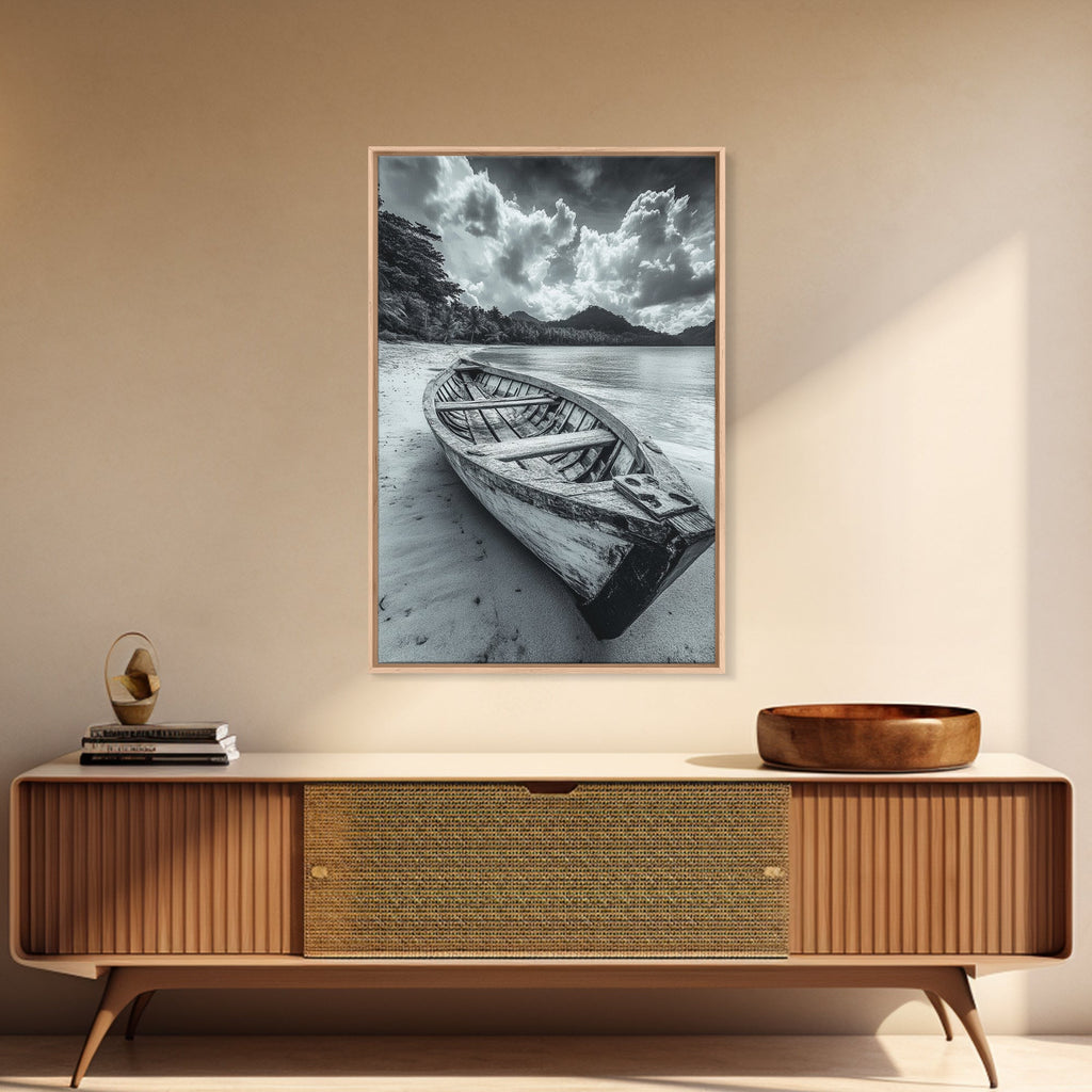 Abandoned Rowboat Coastal Black & White Canvas Print