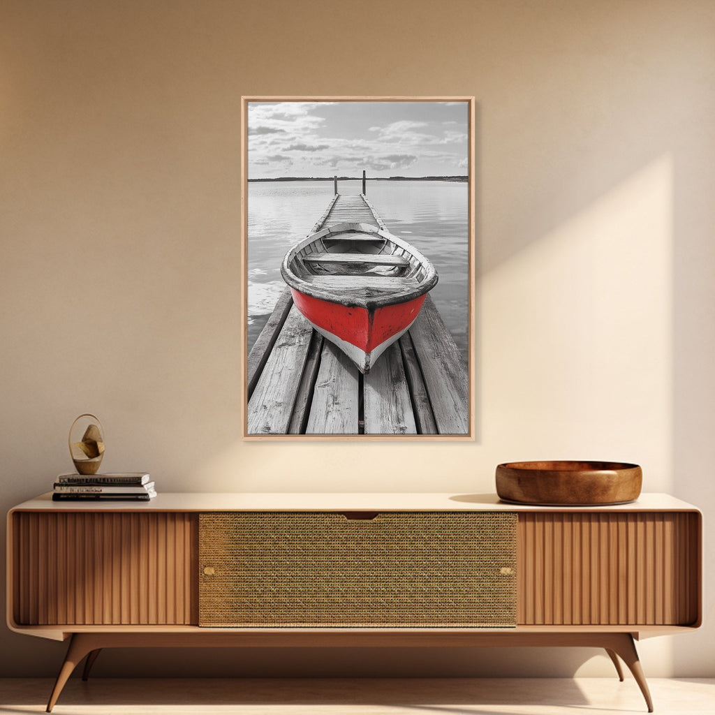 Red Rowboat Dock Minimalist Lake Scene Canvas Print