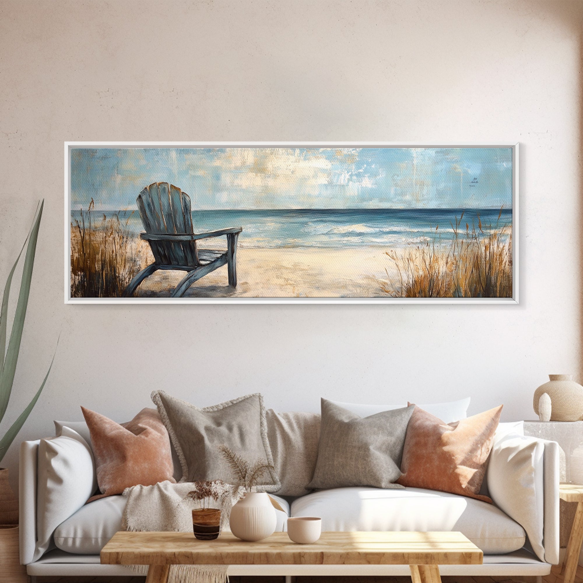 Adirondack Chair Beach Scene, Serene Coastal Landscape Art, Ocean View Wall Decor, Tranquil Bedroom, Framed Canvas Print