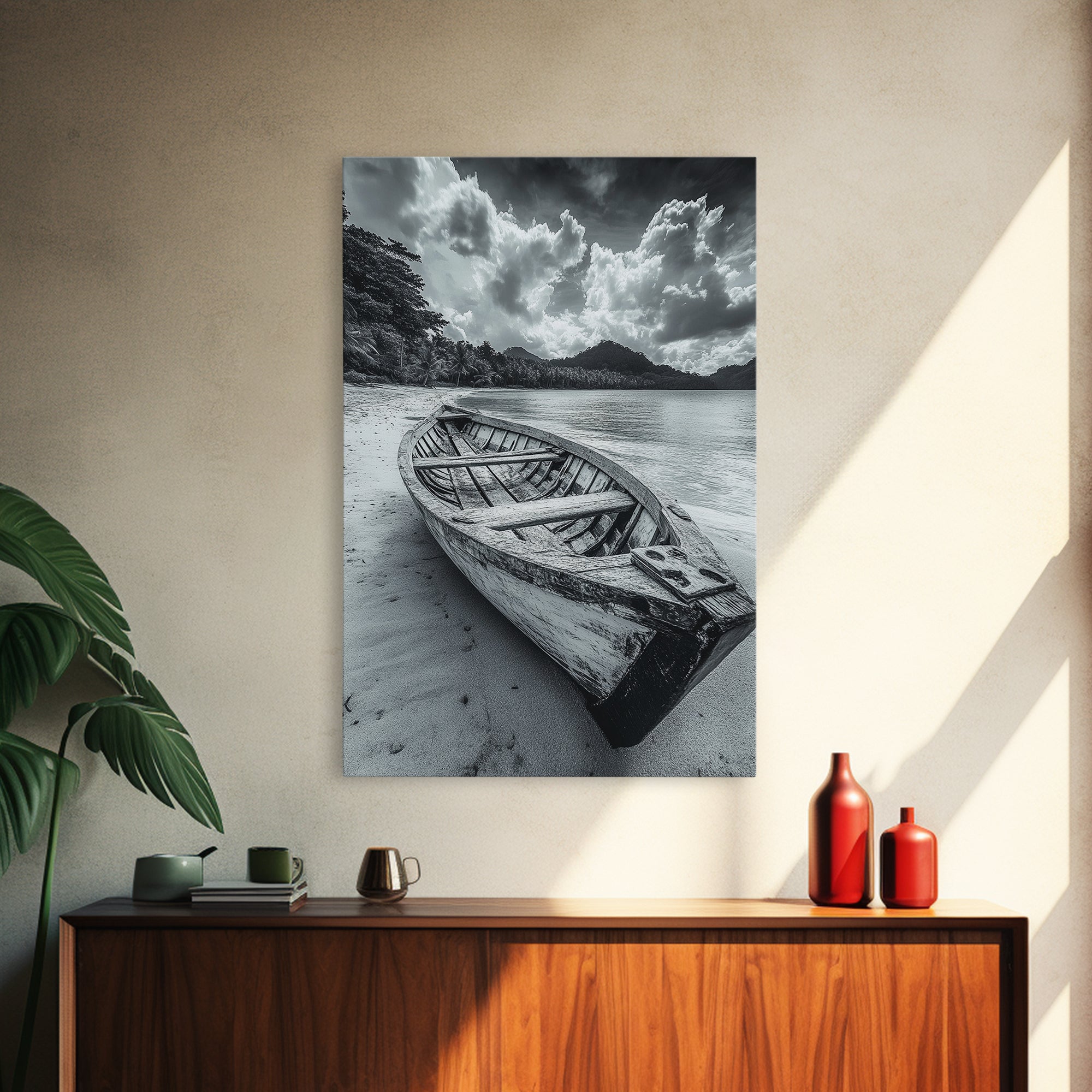 Abandoned Rowboat Coastal Black & White Canvas Print