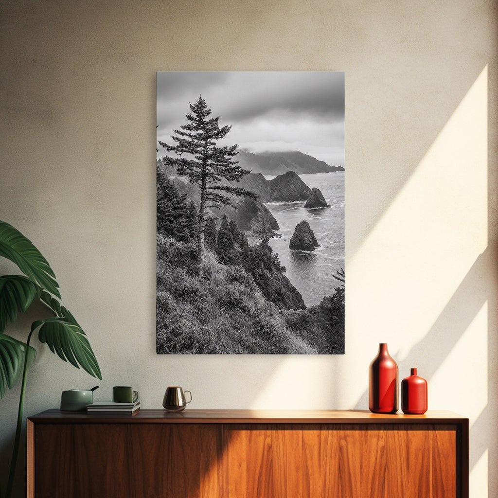 Oregon Coastline Misty Cliffs & Evergreen Forest Canvas Print