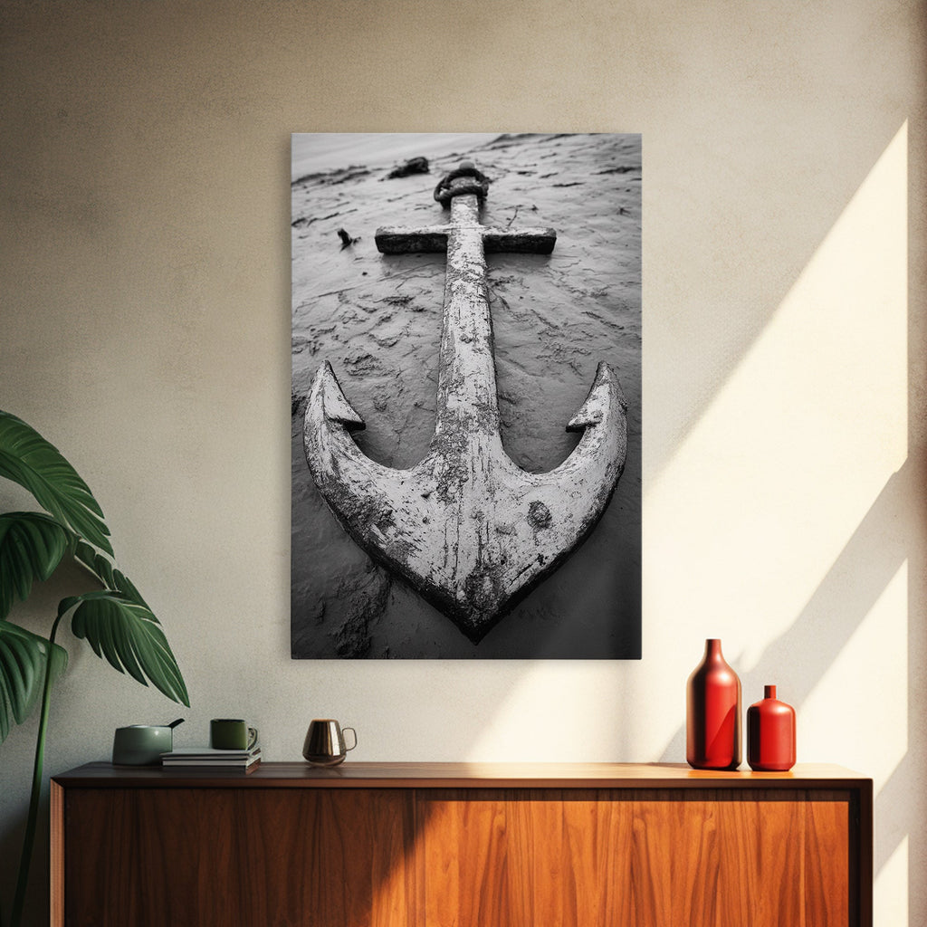 Abandoned Anchor Nautical Black & White Canvas Print