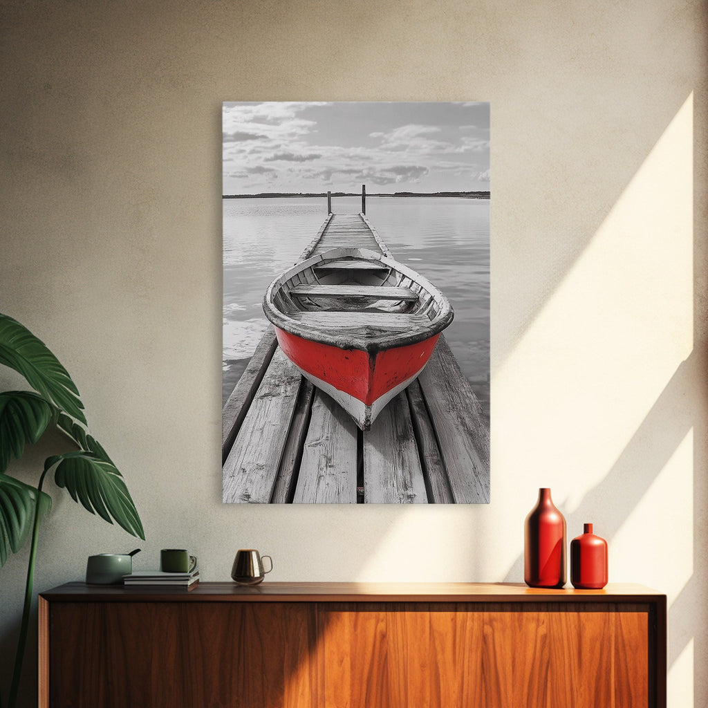 Red Rowboat Dock Minimalist Lake Scene Canvas Print