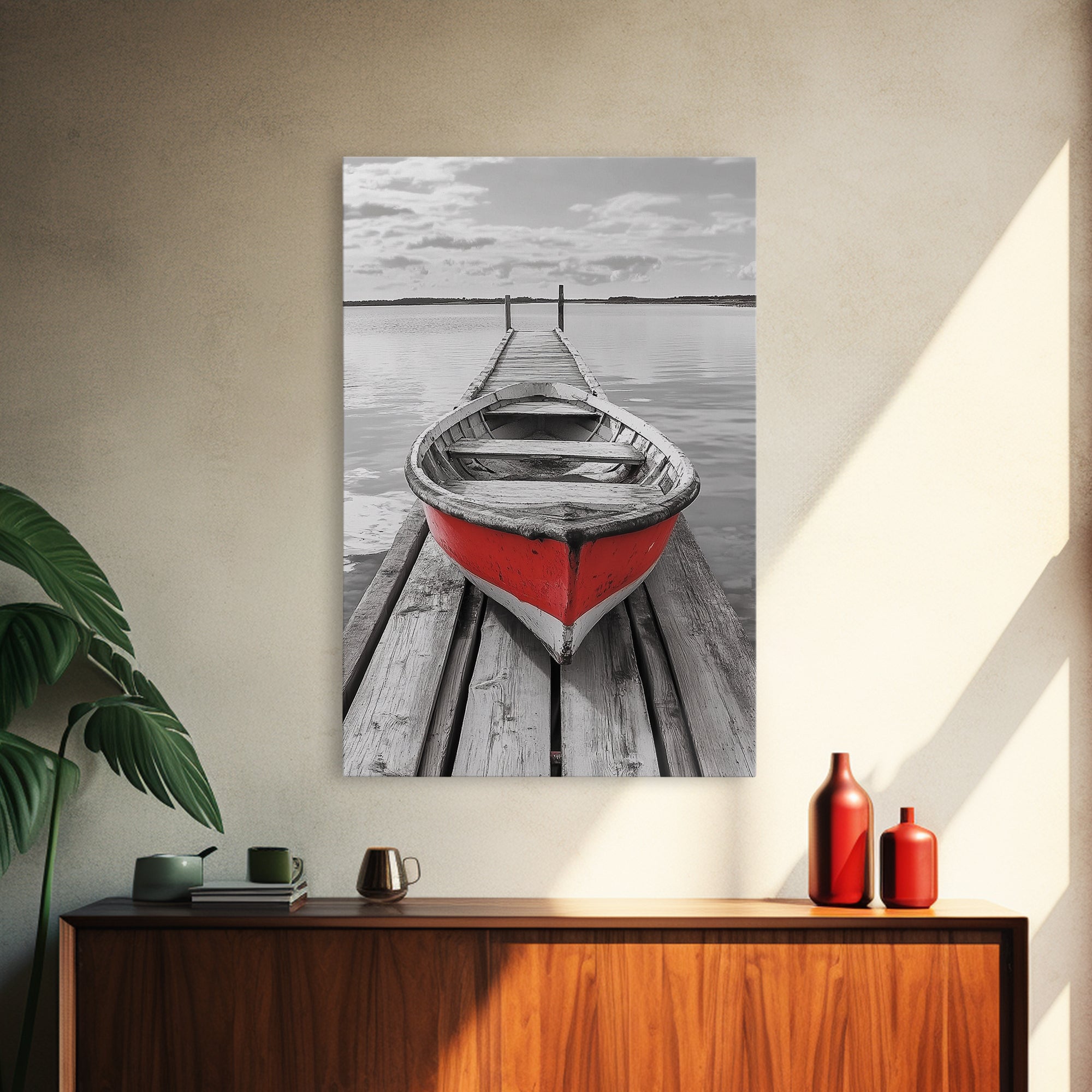Red Rowboat Dock Minimalist Lake Scene Canvas Print