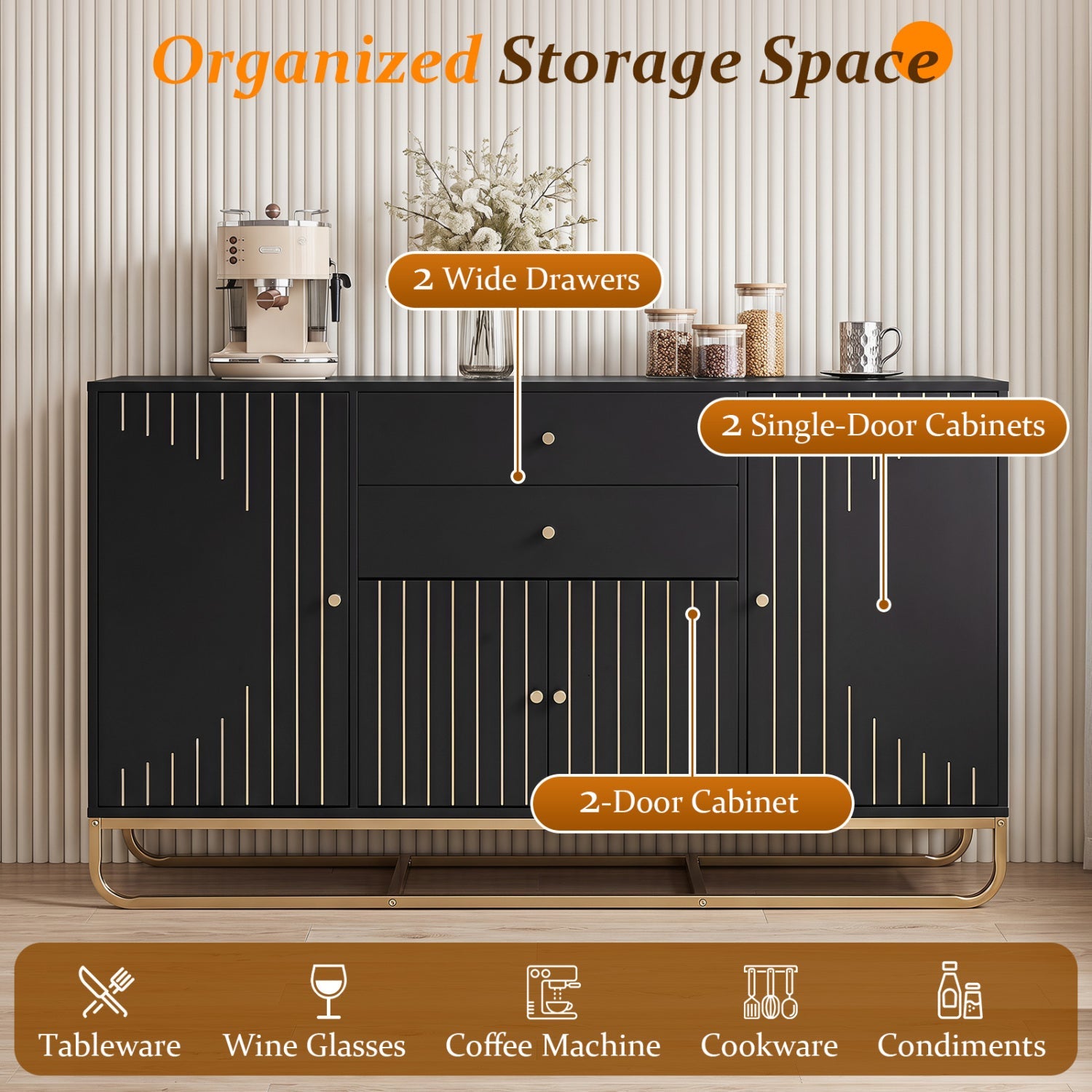 Modern Buffet Sideboard Cabinet with 2 Drawers & Adjustable Shelves