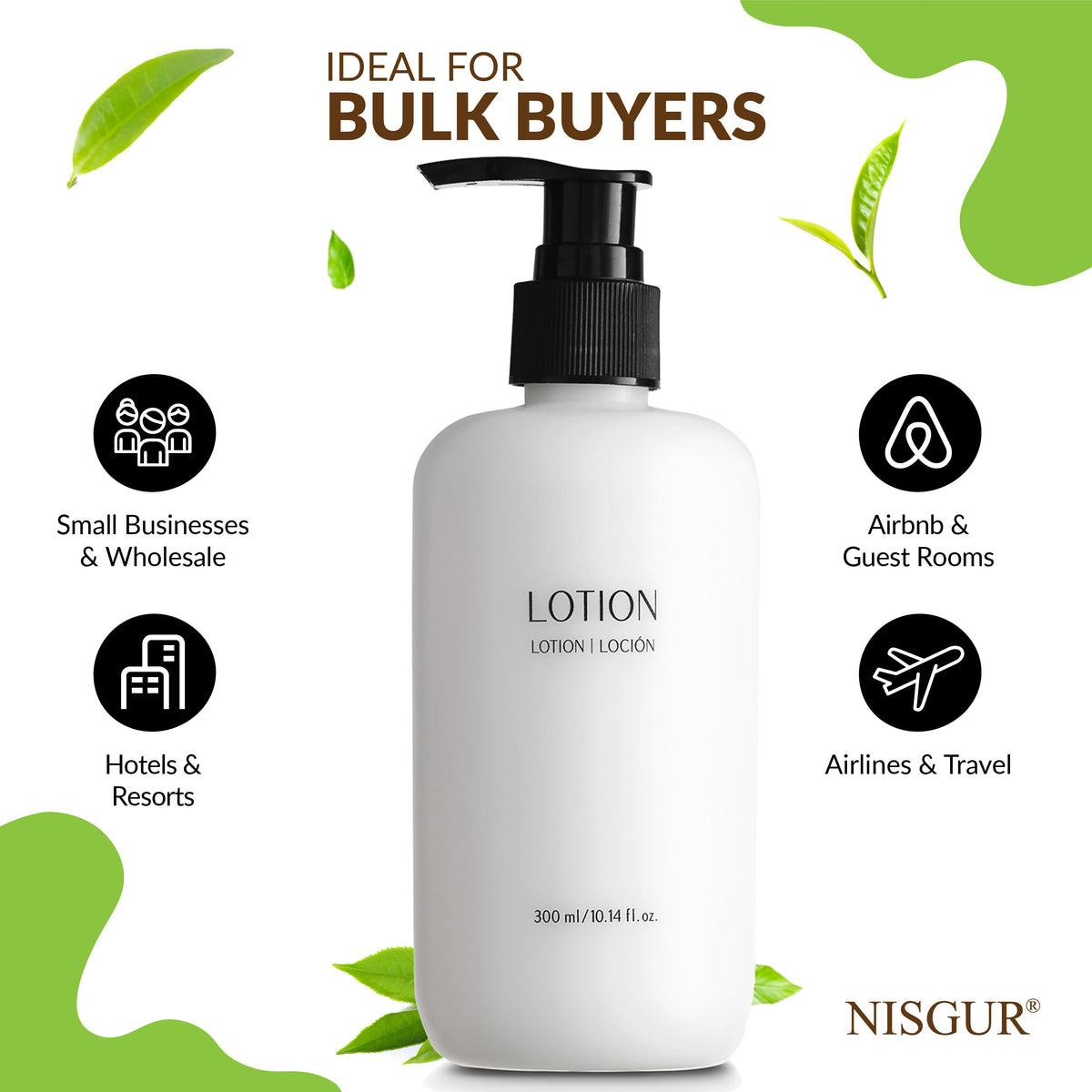 Nisgur Body Lotion Pump Bottles, 300 mL - 12 Pack