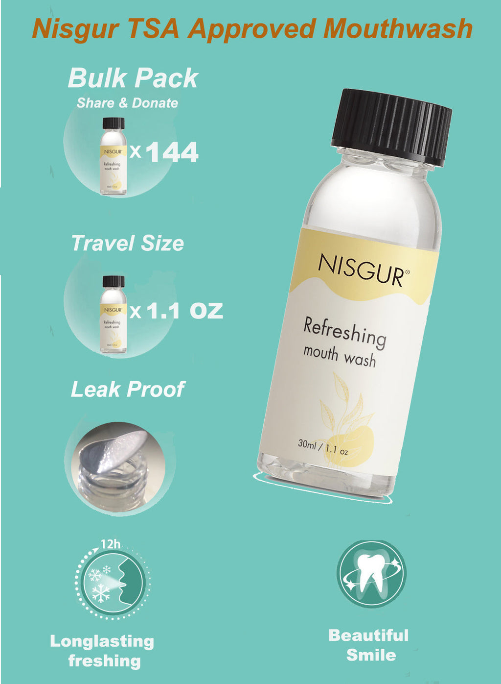 Nisgur Mint Mouthwash, 30 mL - 144 Pack
