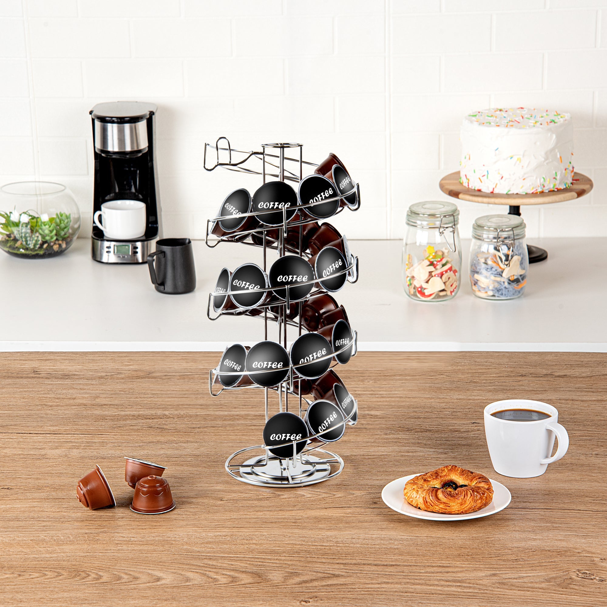 Revolving Stainless Steel Coffee Pod Holder – Holds 35–50 K-Cups