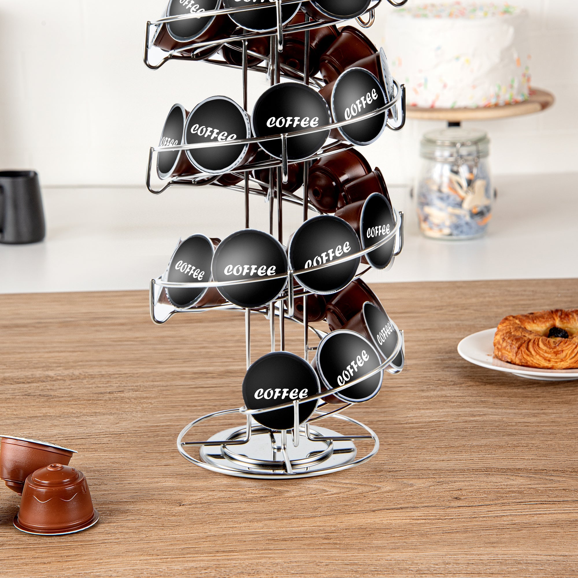 Revolving Stainless Steel Coffee Pod Holder – Holds 35–50 K-Cups