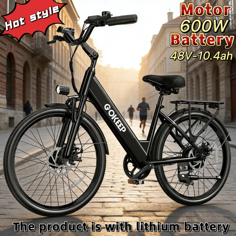 26-inch fashionable E-Bike, 7-speed variable speed adult electric bicycle, 600W brushless motor 48V-10.4ah battery electric mope