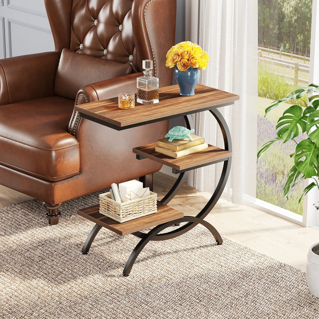 Tribesigns C-Shaped End Table, Industrial 3-Tier Small Table for Couch, Wood Bedside Table Snack Table with Storage Shelves