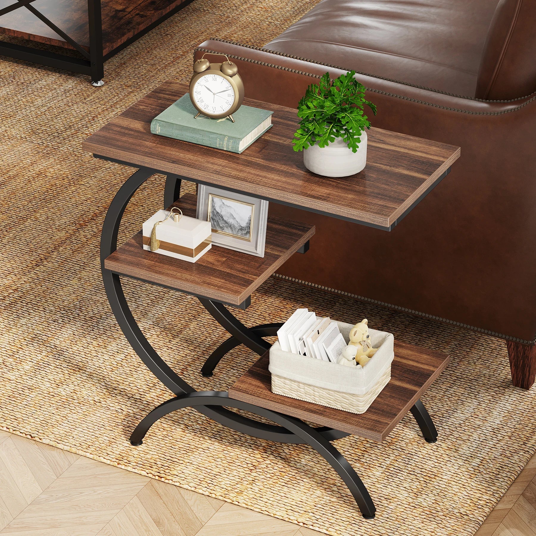 Tribesigns C-Shaped End Table, Industrial 3-Tier Small Table for Couch, Wood Bedside Table Snack Table with Storage Shelves