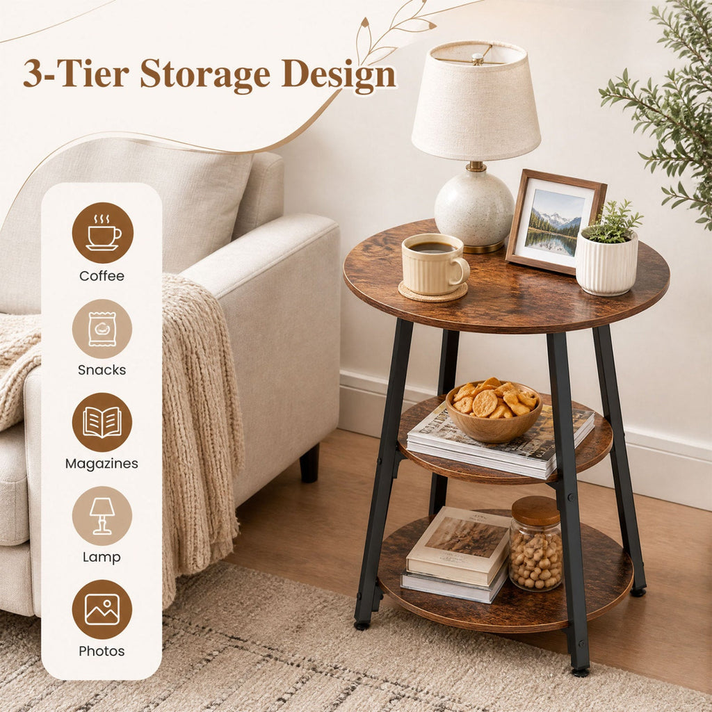 Industrial Side Tables Set of 2 with 3-Tier Shelves