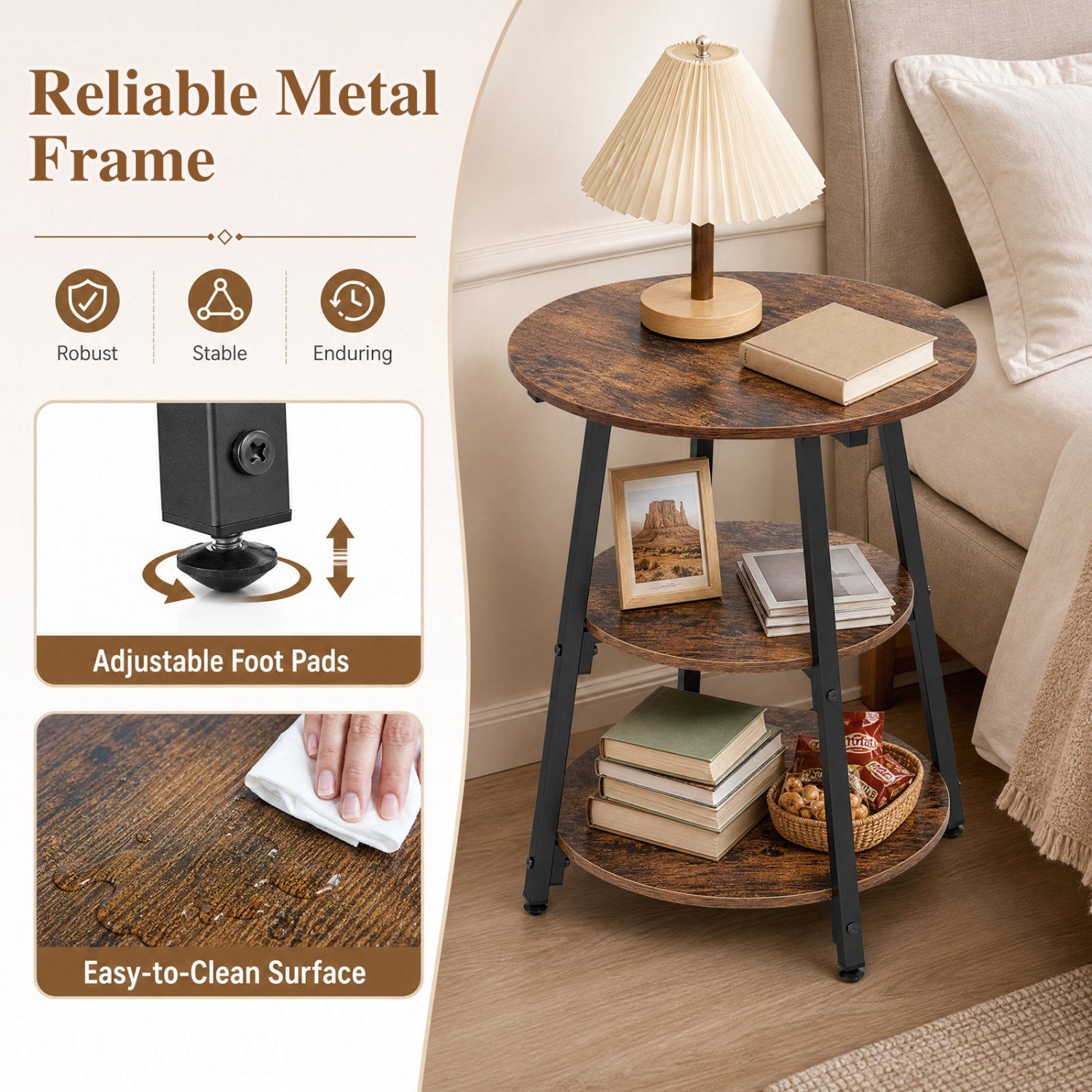 Industrial Side Tables Set of 2 with 3-Tier Shelves