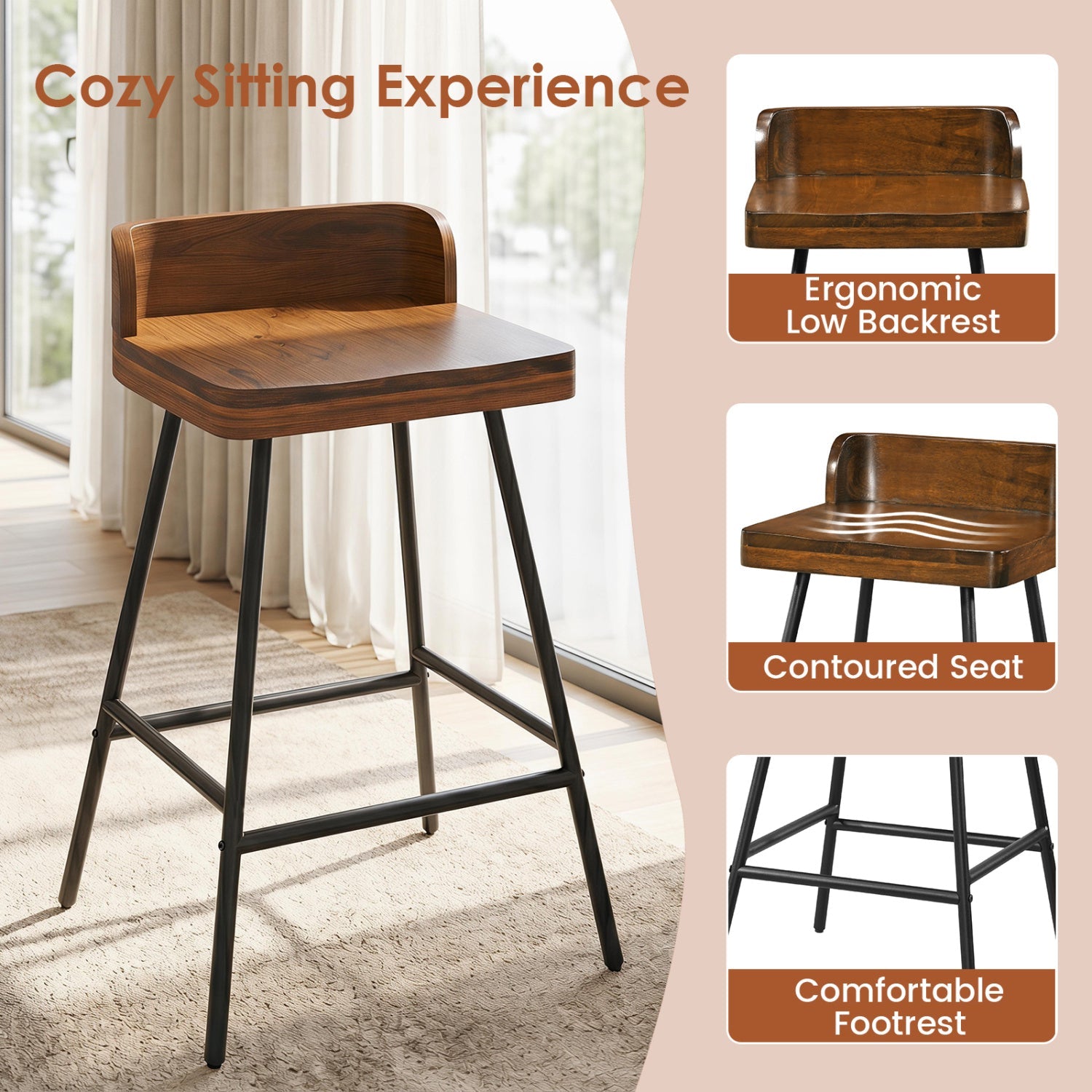 24" Industrial Bar Stool with Low Back - Set of 4