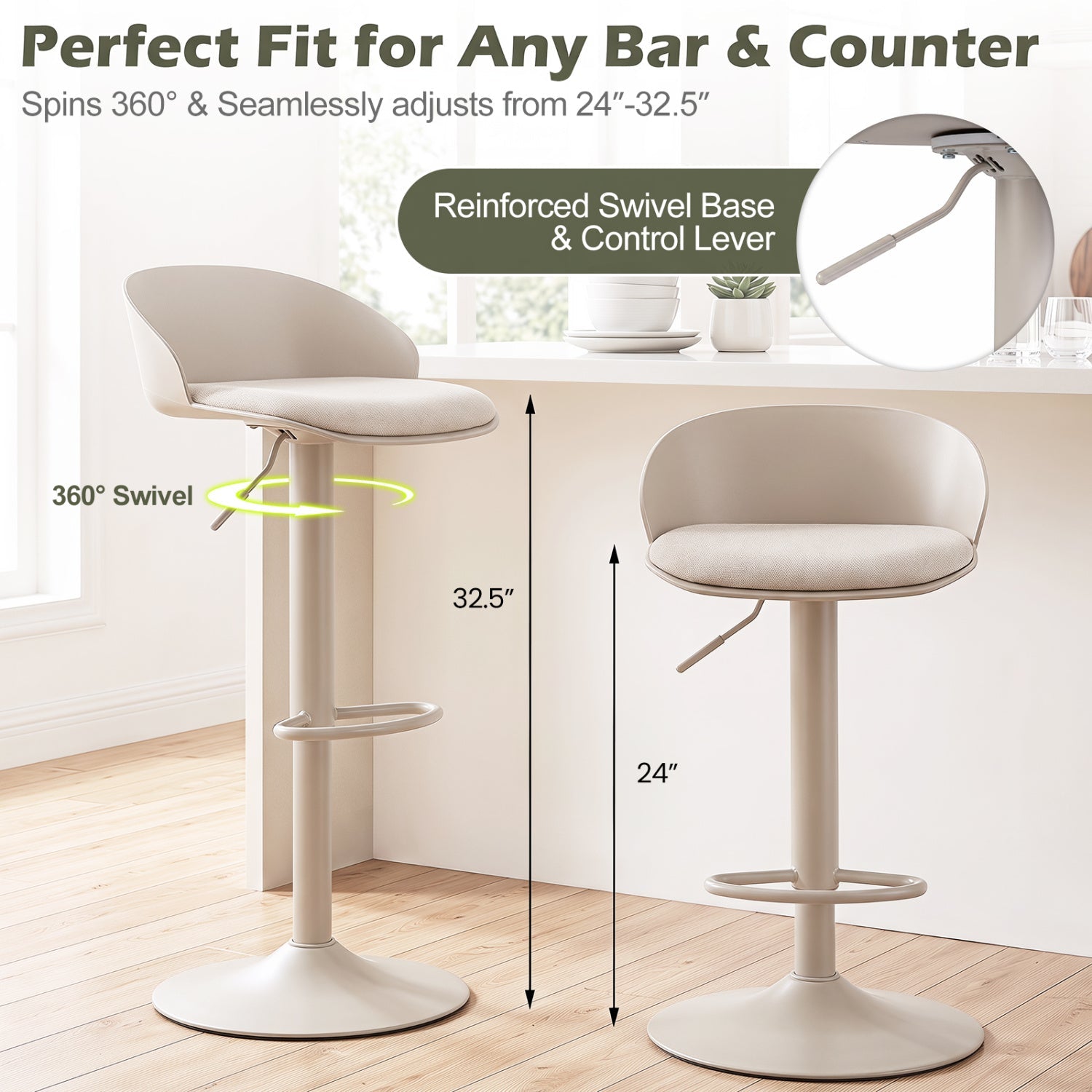 Adjustable Swivel Bar Stools Set of 4 with Back & Footrest