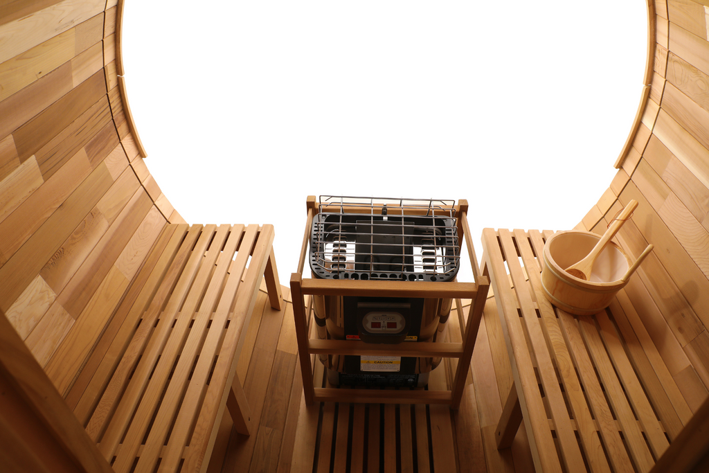 Prague Canadian Red Cedar Outdoor Barrel Sauna – 2-4 & 4-6 Person with Full Glass Back