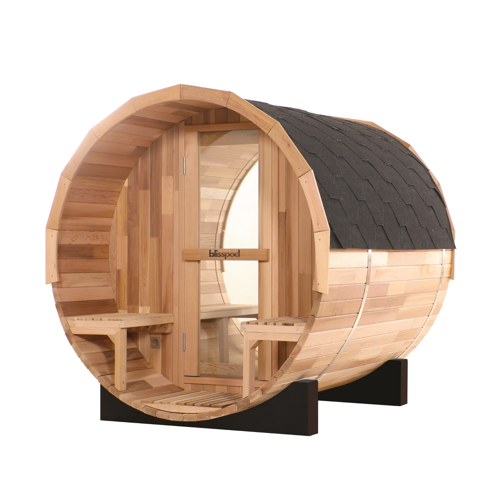 Prague Canadian Red Cedar Outdoor Barrel Sauna – 2-4 & 4-6 Person with Full Glass Back
