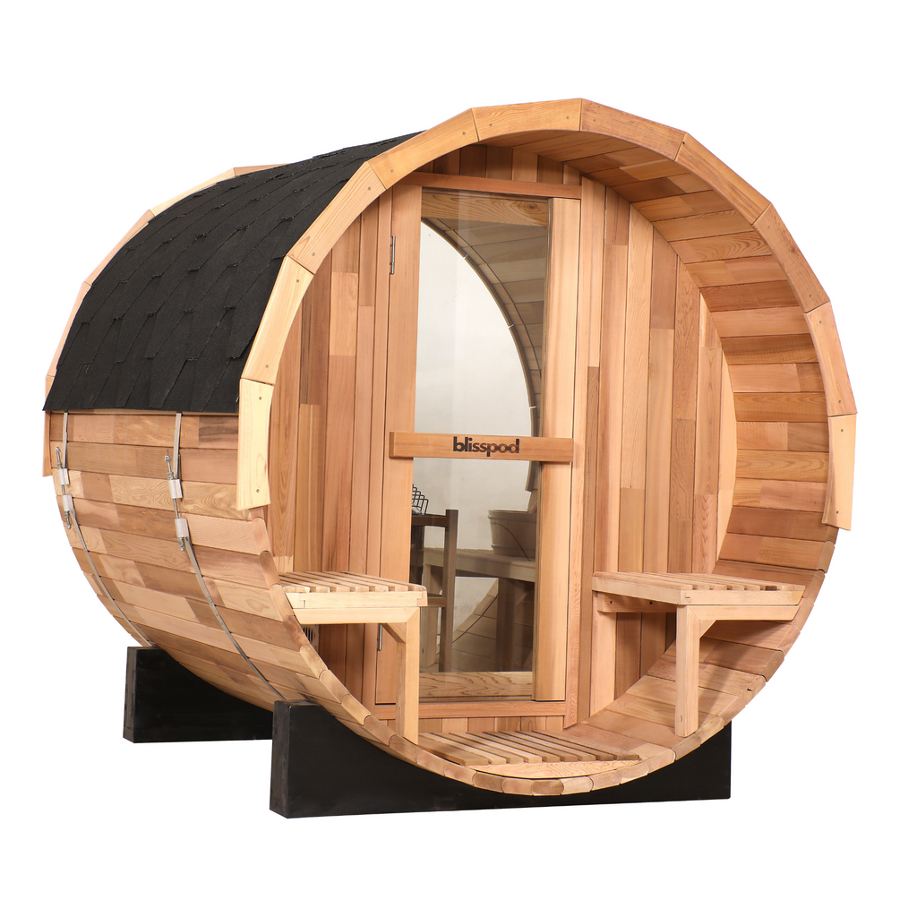 Prague Canadian Red Cedar Outdoor Barrel Sauna – 2-4 & 4-6 Person with Full Glass Back