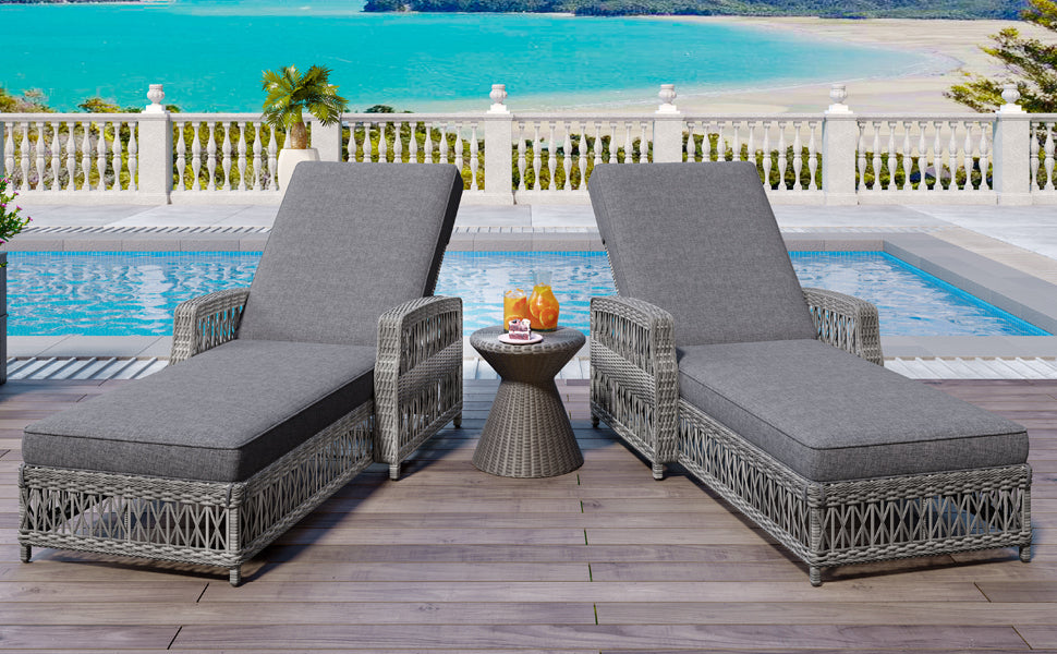 2 Pieces Long Reclining Chaise, Outdoor Wicker Lounge with Armrests, Patio