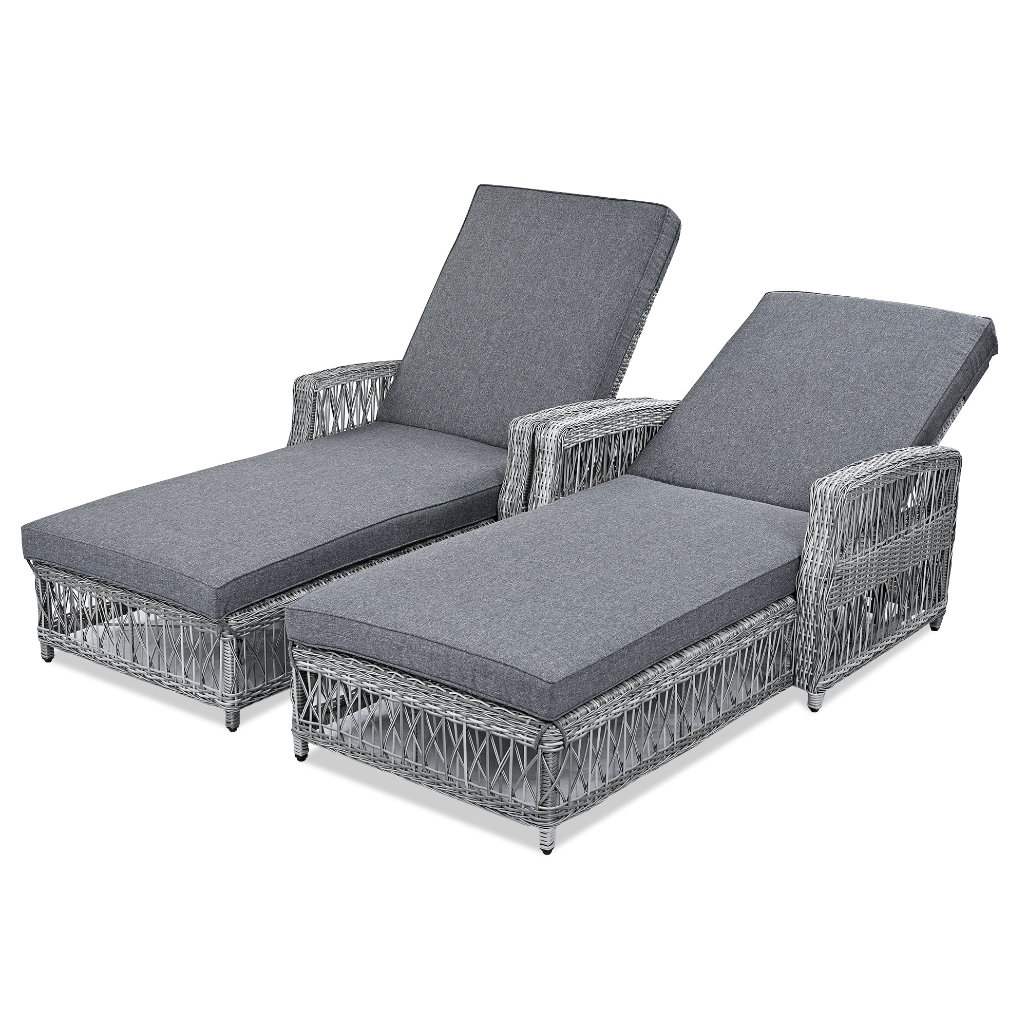 2 Pieces Long Reclining Chaise, Outdoor Wicker Lounge with Armrests, Patio