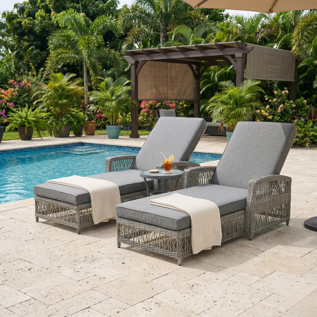 2 Pieces Long Reclining Chaise, Outdoor Wicker Lounge with Armrests, Patio