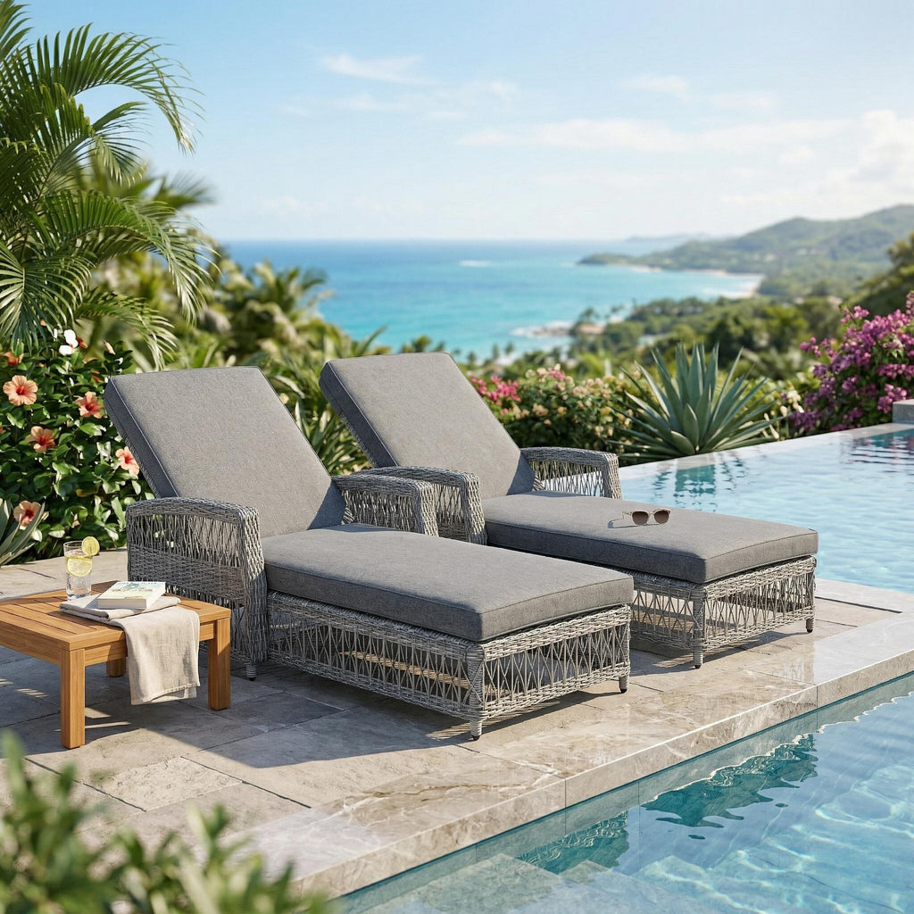 2 Pieces Long Reclining Chaise, Outdoor Wicker Lounge with Armrests, Patio