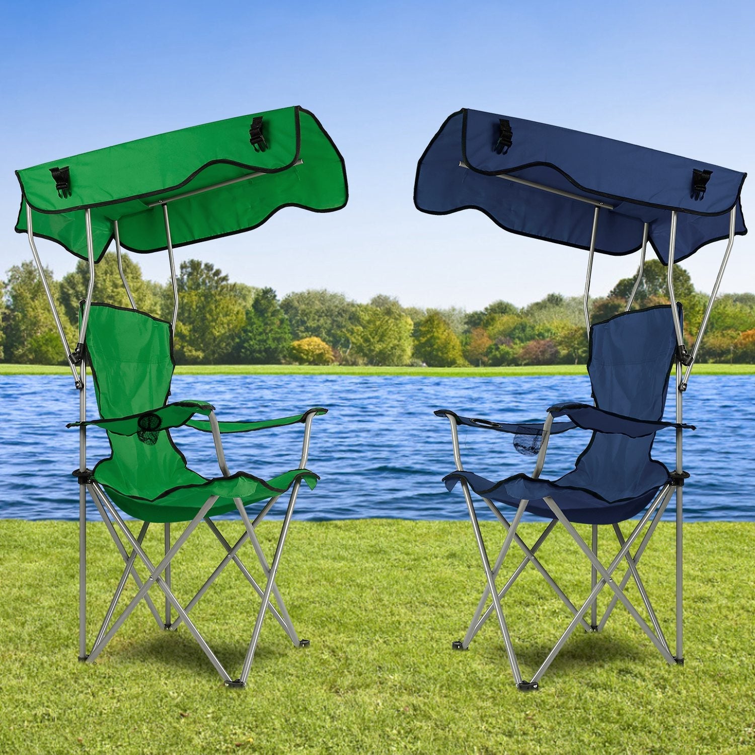 Foldable Beach Canopy Chair with Sun Protection & Cup Holder