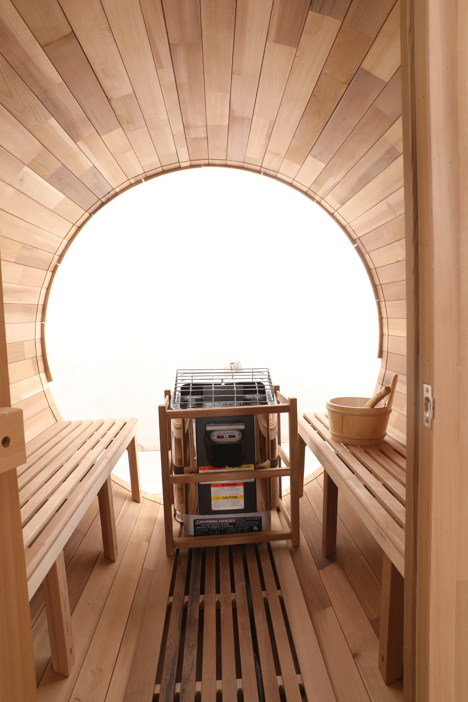 Prague Canadian Red Cedar Outdoor Barrel Sauna – 2-4 & 4-6 Person with Full Glass Back