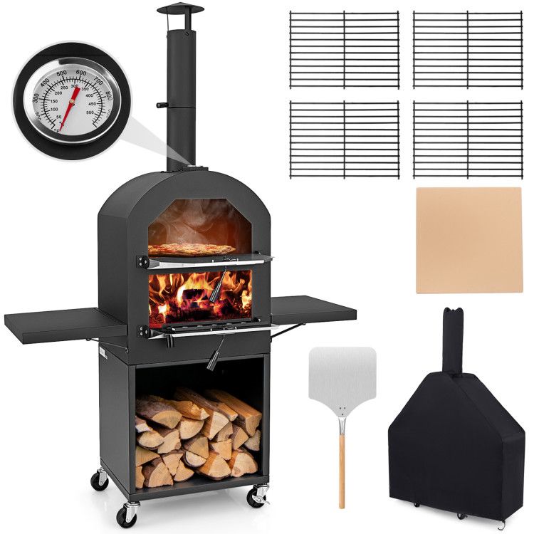 Outdoor Charcoal Pizza Oven with Cover, Grill Racks & Built-In Thermometer