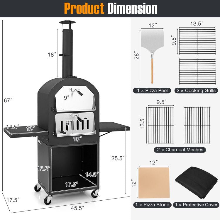 Outdoor Charcoal Pizza Oven with Cover, Grill Racks & Built-In Thermometer
