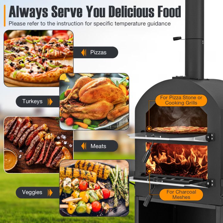 Outdoor Charcoal Pizza Oven with Cover, Grill Racks & Built-In Thermometer