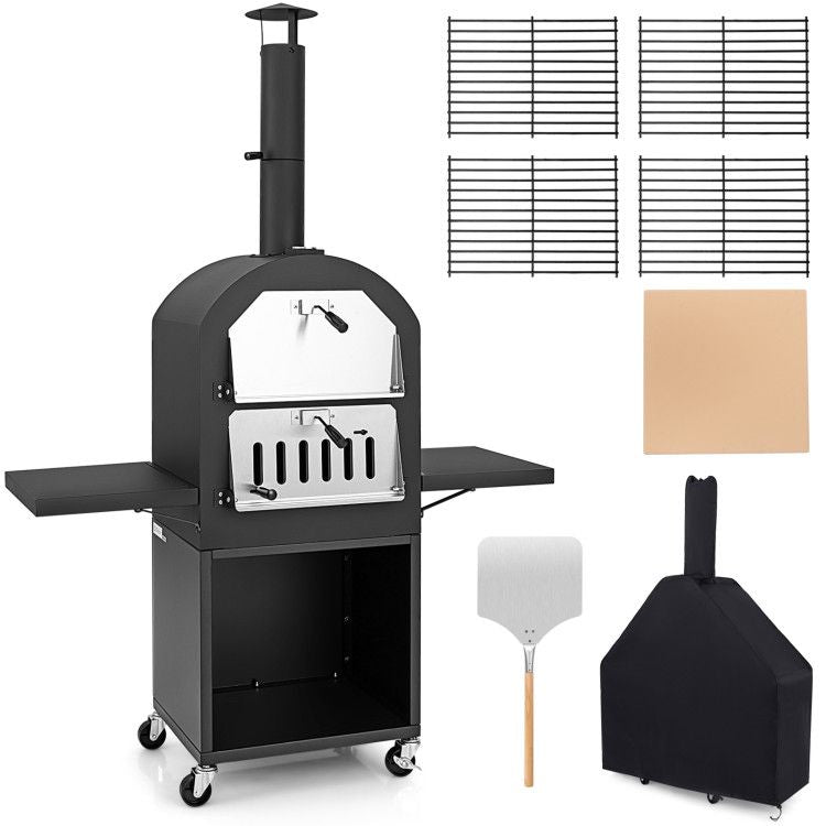 Outdoor Charcoal Pizza Oven with Cover, Grill Racks & Built-In Thermometer