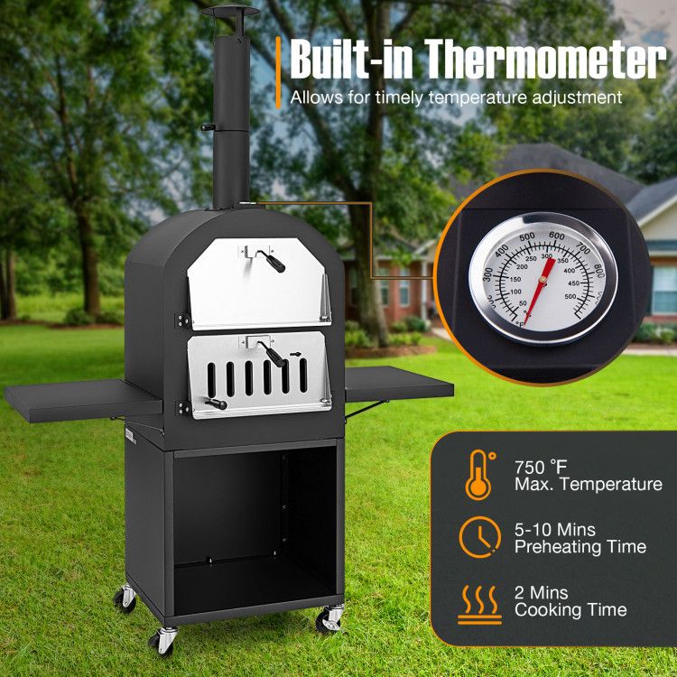 Outdoor Charcoal Pizza Oven with Cover, Grill Racks & Built-In Thermometer