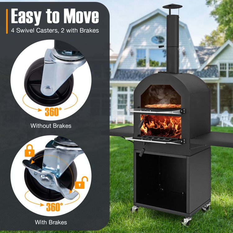 Outdoor Charcoal Pizza Oven with Cover, Grill Racks & Built-In Thermometer