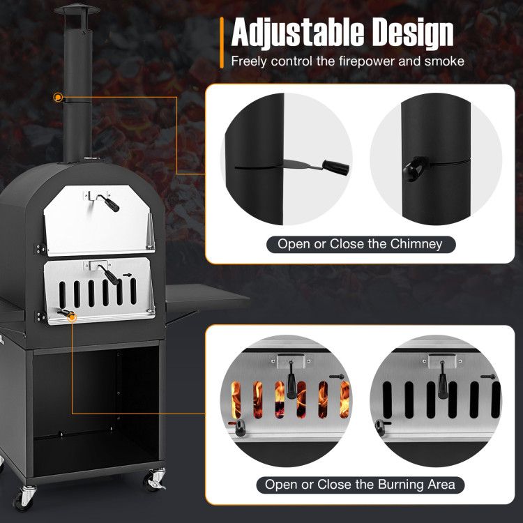 Outdoor Charcoal Pizza Oven with Cover, Grill Racks & Built-In Thermometer