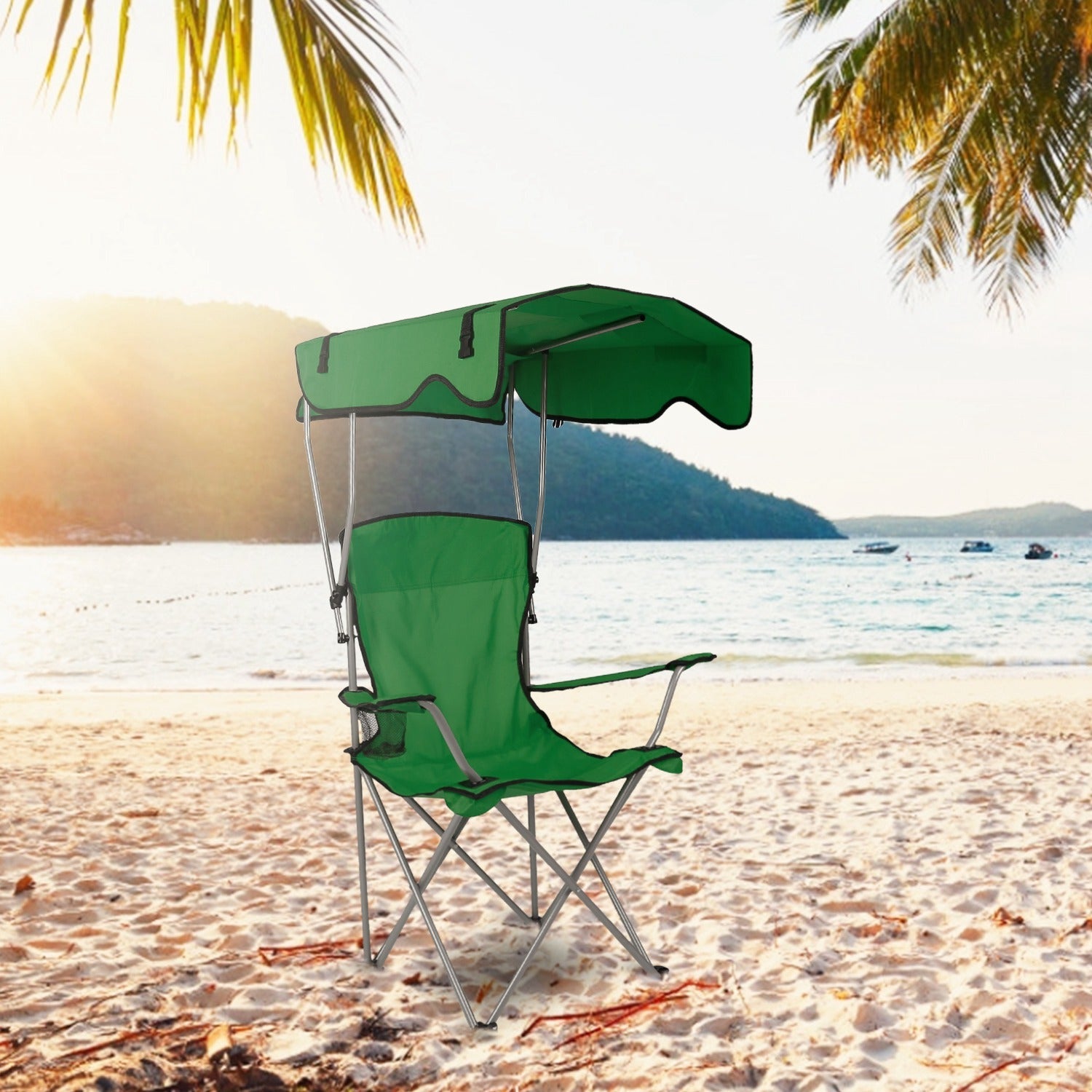Foldable Beach Canopy Chair with Sun Protection & Cup Holder