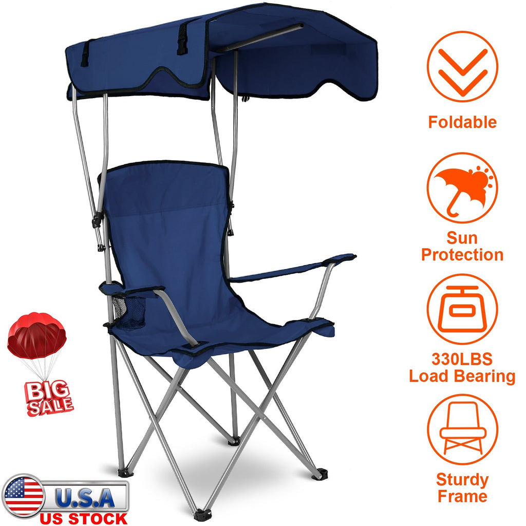 Foldable Beach Canopy Chair with Sun Protection & Cup Holder