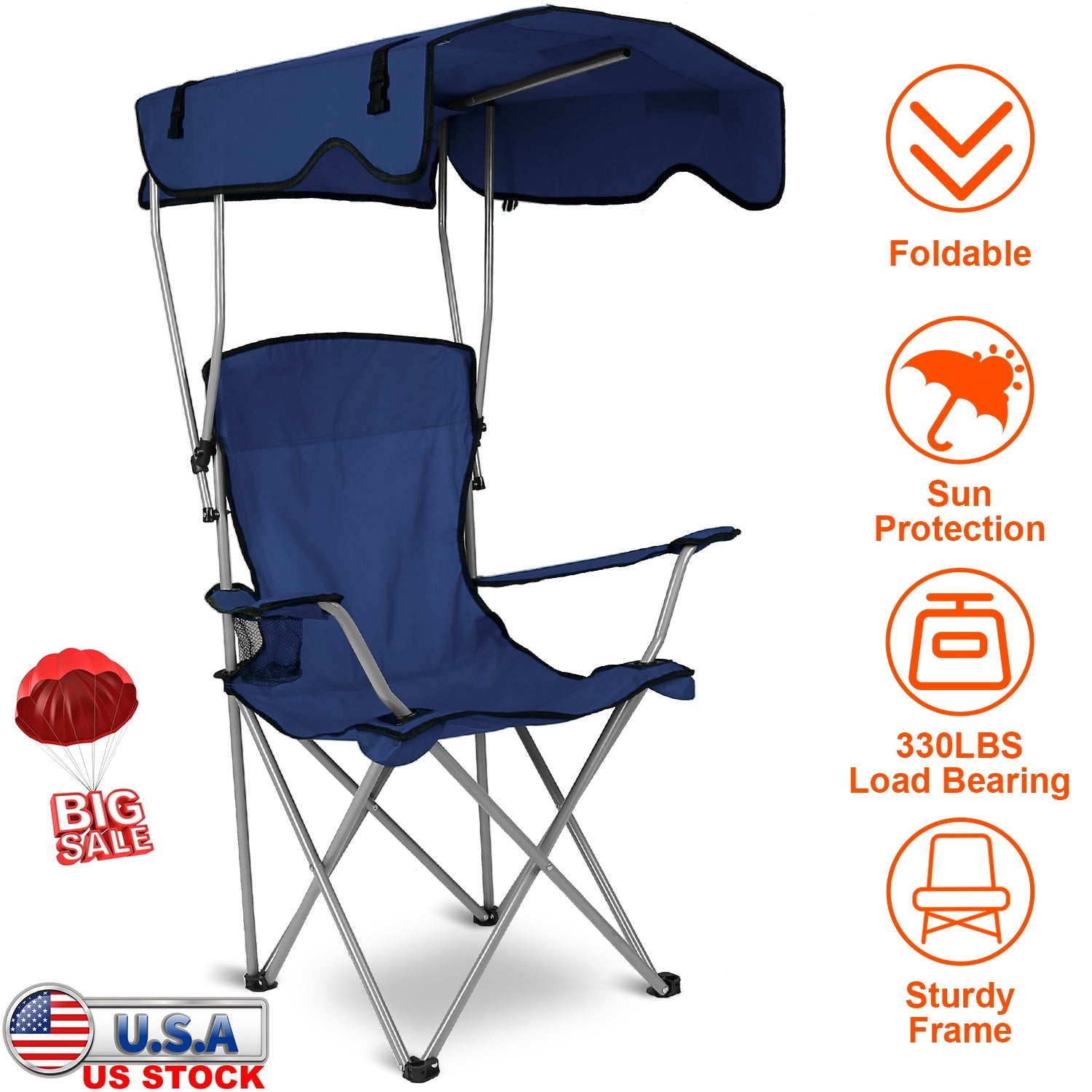 Foldable Beach Canopy Chair with Sun Protection & Cup Holder