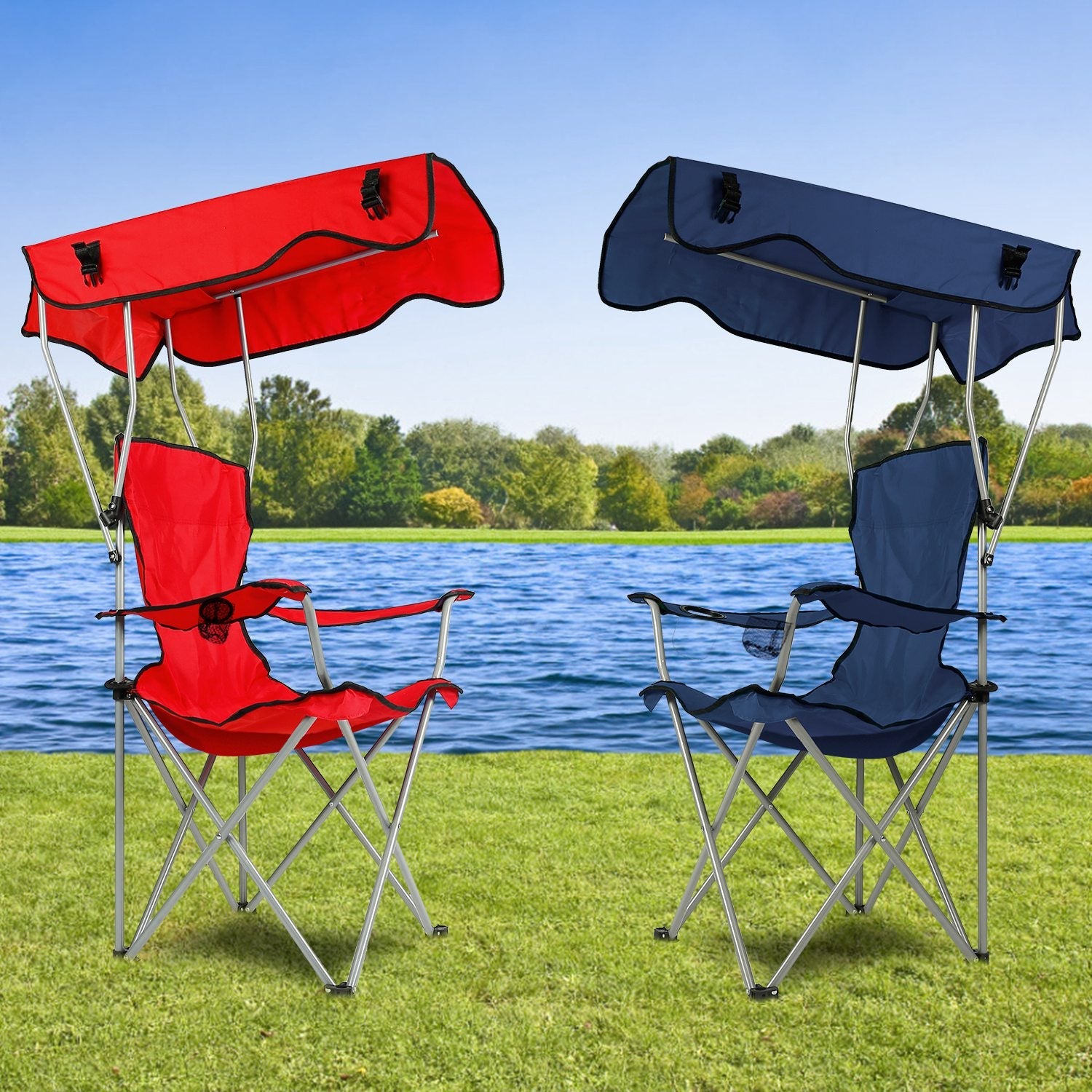 Foldable Beach Canopy Chair with Sun Protection & Cup Holder
