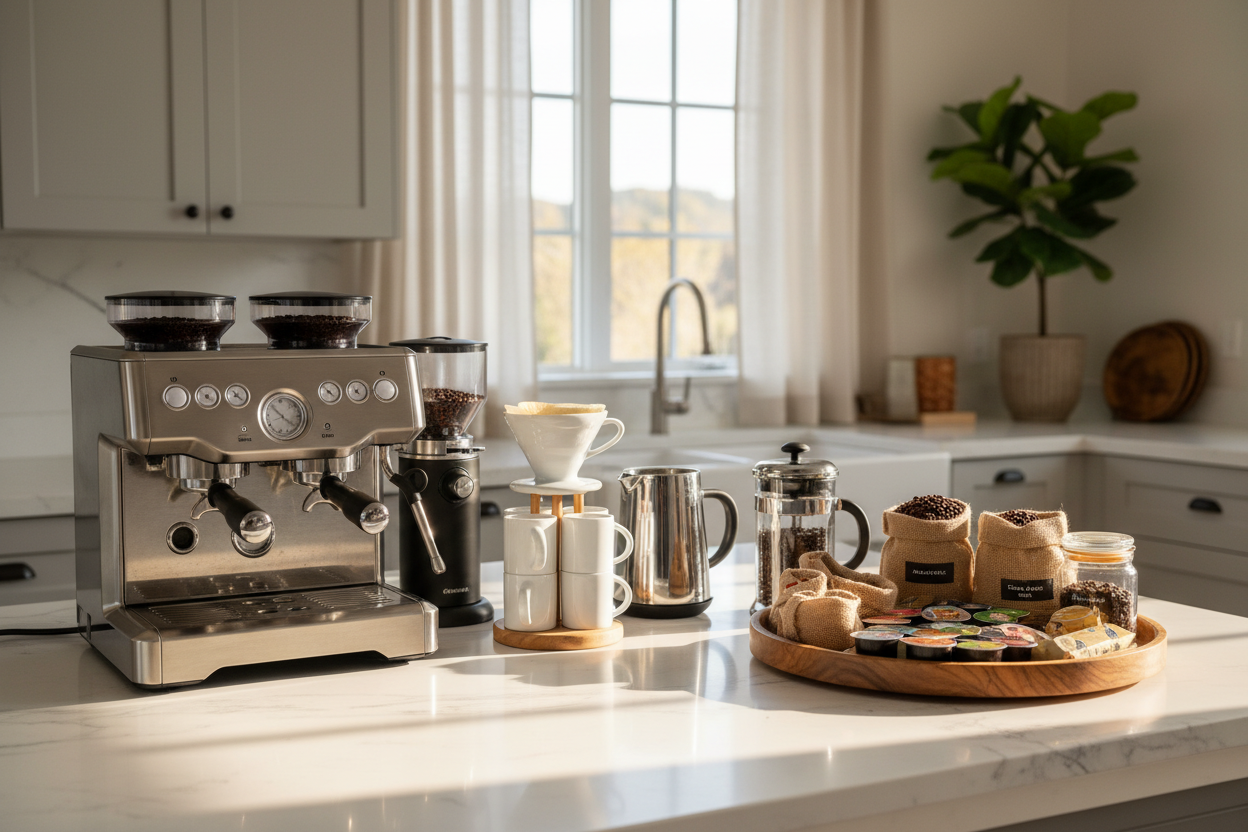 Premium coffee station setup in a luxury Airbnb kitchen with espresso machine and pour-over equipment