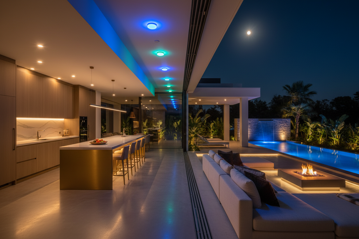 Luxury rental property with premium smart LED lighting system indoors and outdoors at night