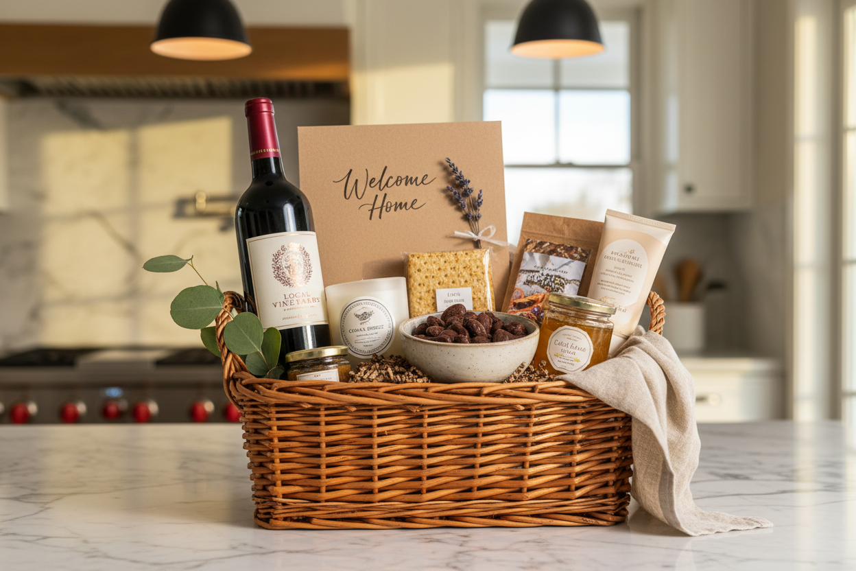 Luxury guest welcome basket for Airbnb rental with wine, snacks, candle and welcome card