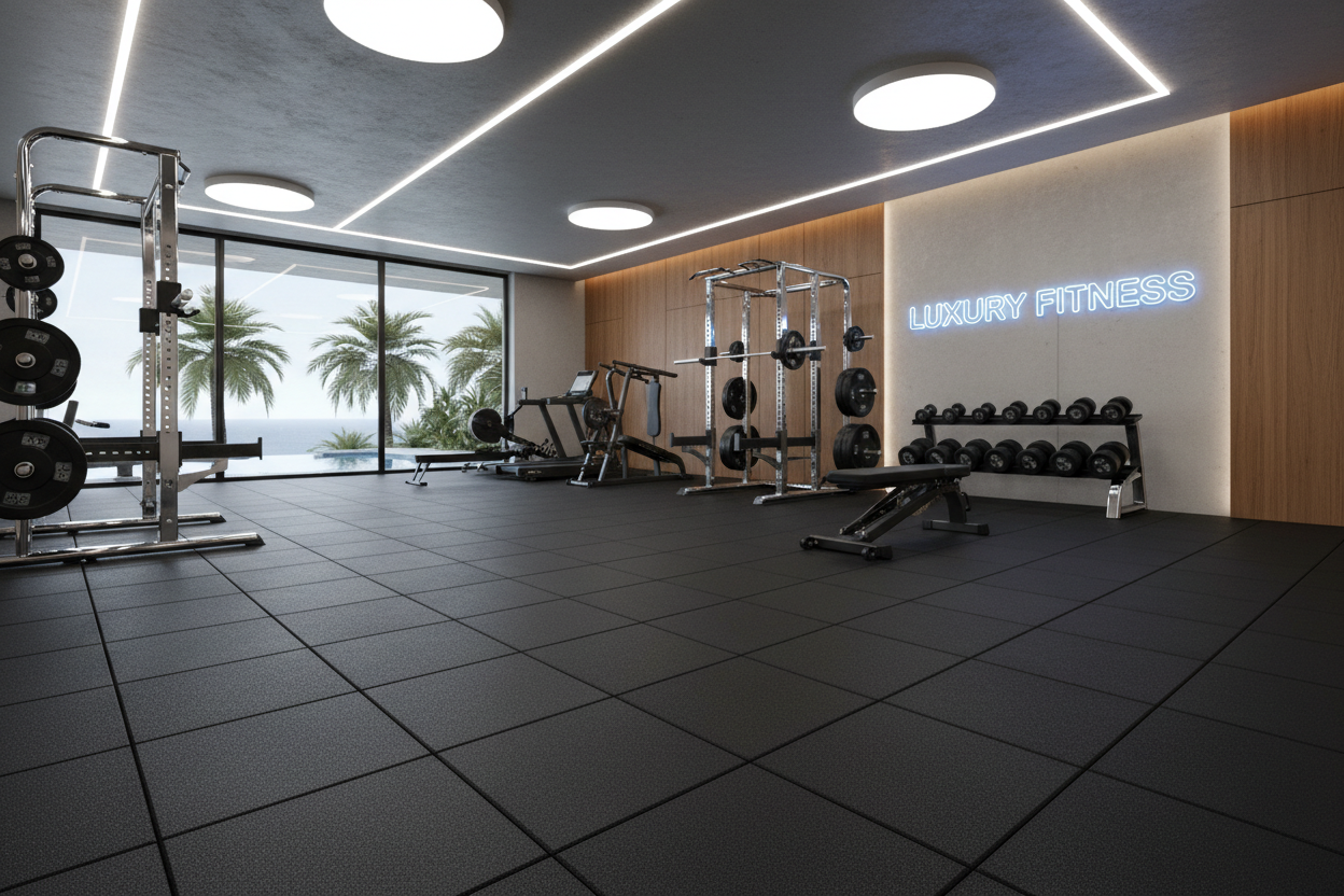 Premium rubber flooring installed in a luxury Airbnb home gym with professional equipment