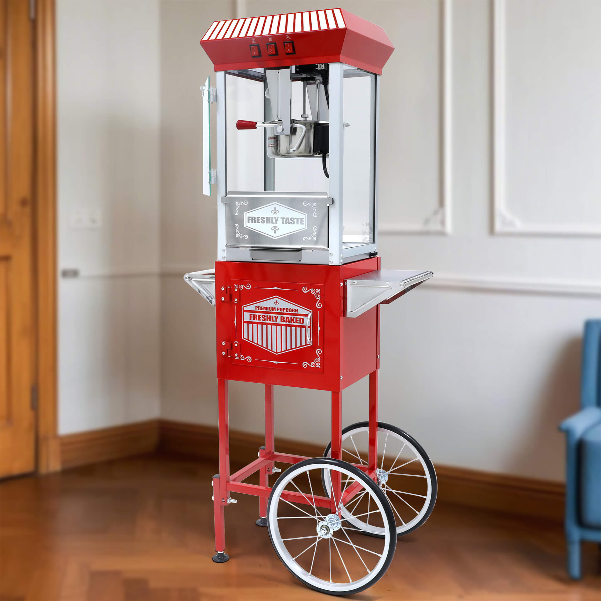 Large Premium 12-Ounce Vintage-Style Theater Popcorn Machine Maker With Cart, Red (SAK87184)