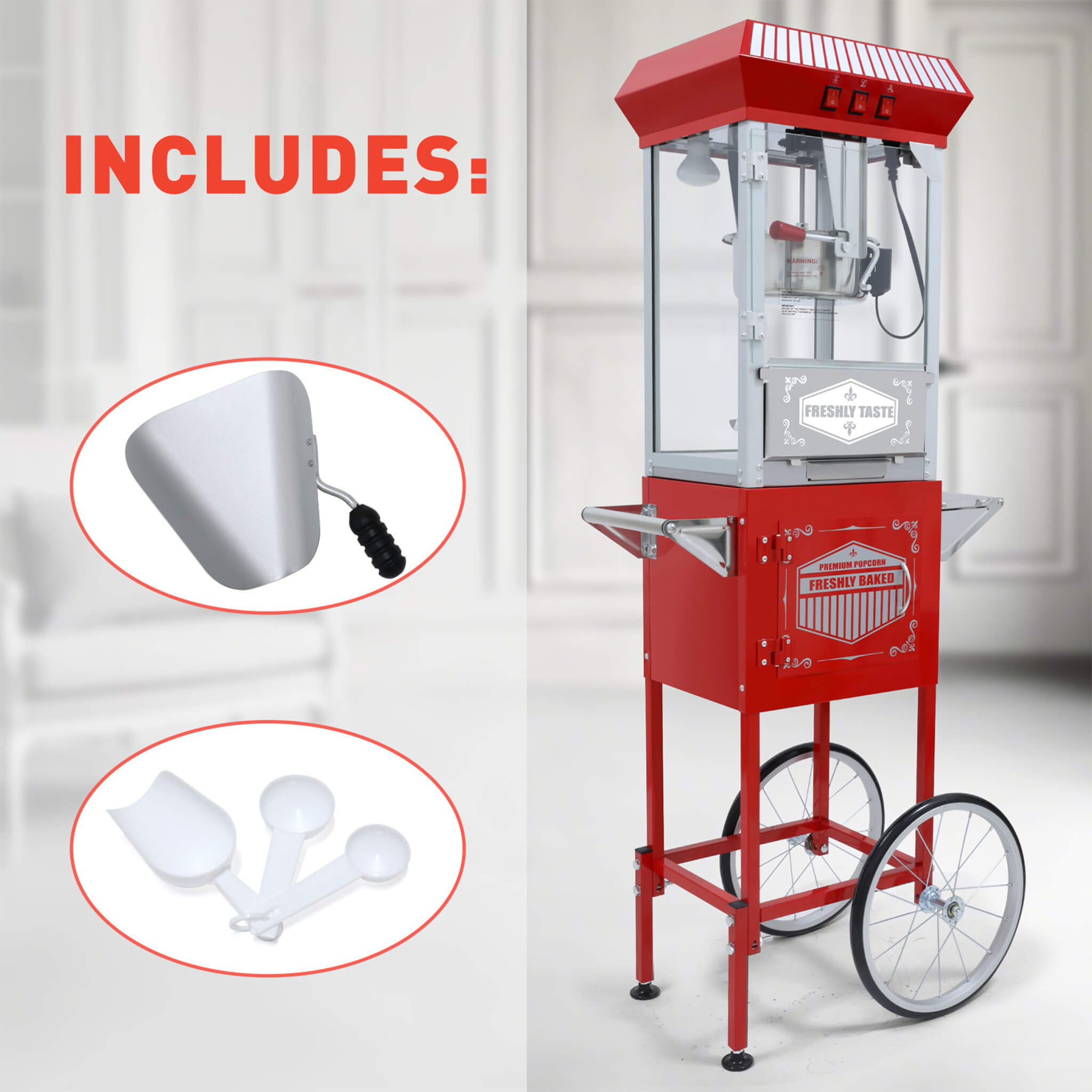 Large Premium 12-Ounce Vintage-Style Theater Popcorn Machine Maker With Cart, Red (SAK87184)