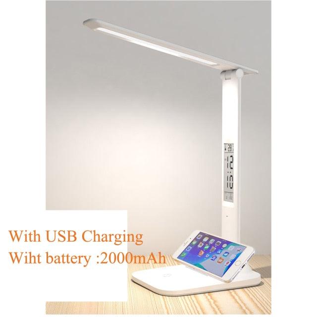 LED Reading Desk Lamp Eye-Care Study Dimming Color Mixing Rechargeable USB Charged Battery Table Light Day Clock Thermometer Decorative Table Lamp Cute Study Lamps for Bedroom Décor