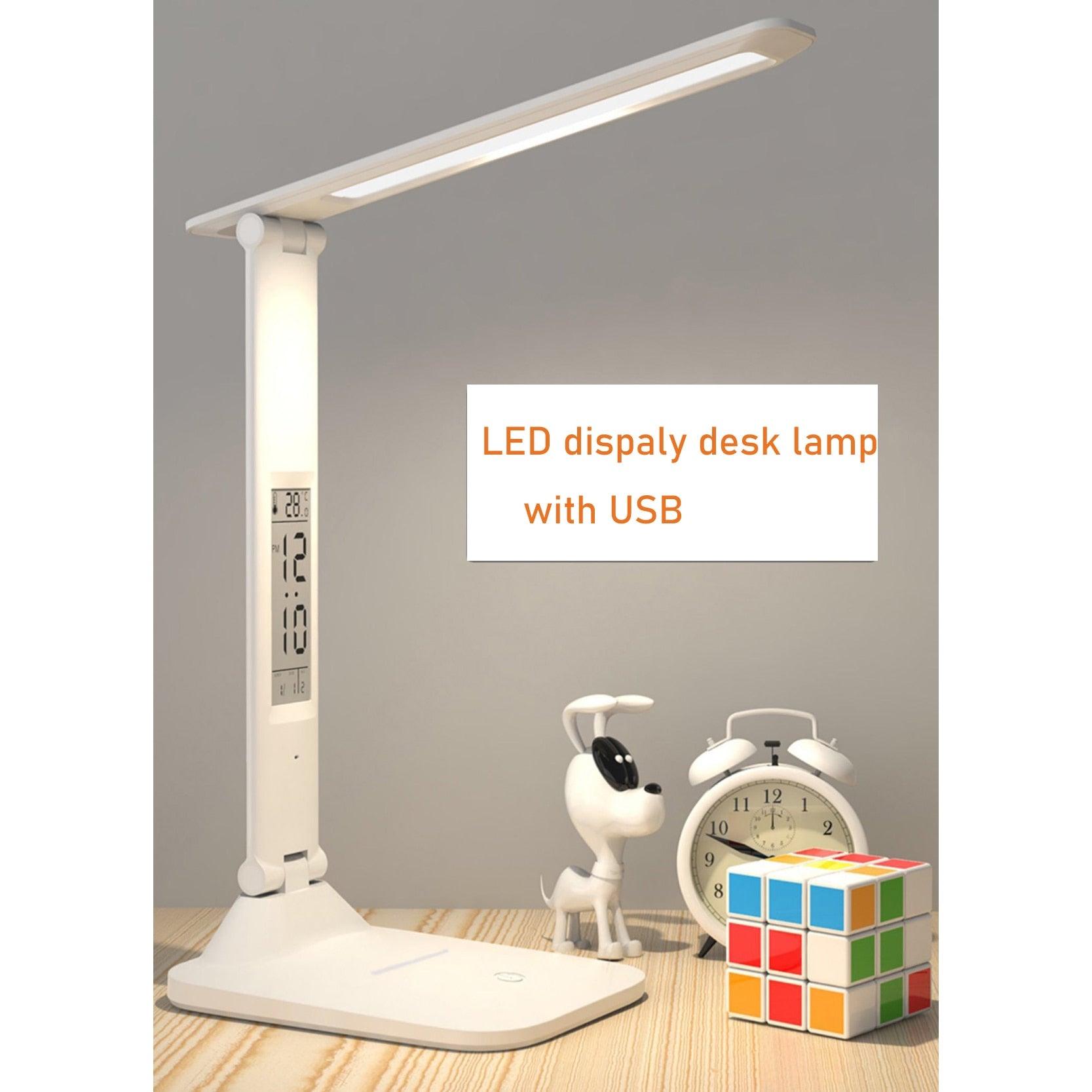 LED Reading Desk Lamp Eye-Care Study Dimming Color Mixing Rechargeable USB Charged Battery Table Light Day Clock Thermometer Decorative Table Lamp Cute Study Lamps for Bedroom Décor