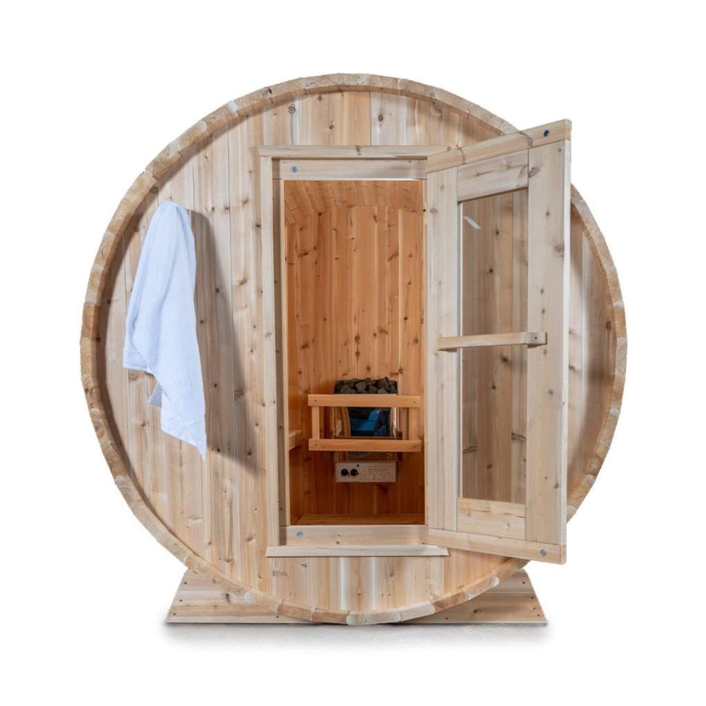 Dundalk Leisurecraft 84-Inch 4-Person Canadian Timber Harmony Barrel Sauna With Solid Wood Benches (CTC22W)