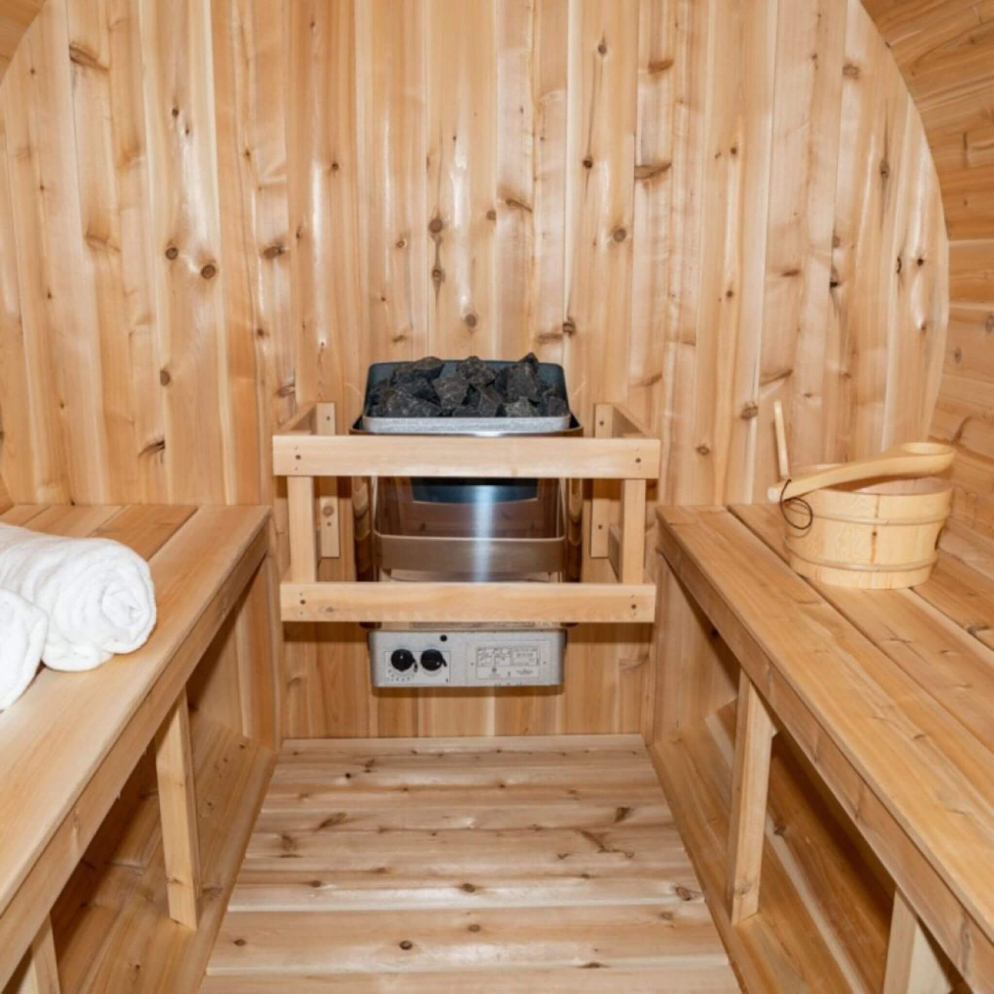 Dundalk Leisurecraft 84-Inch 4-Person Canadian Timber Harmony Barrel Sauna With Solid Wood Benches (CTC22W)